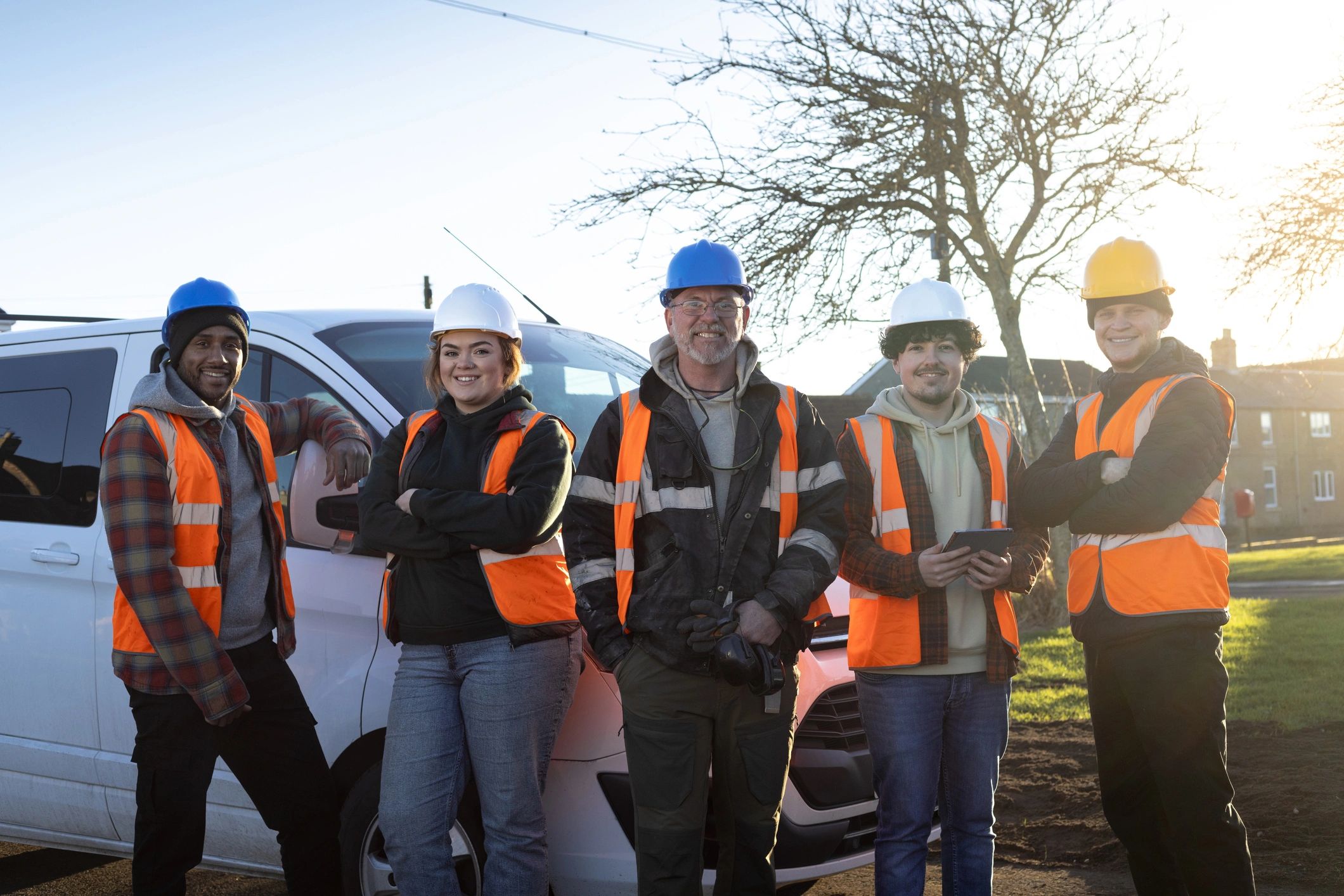 Professional operations team collaborating on site